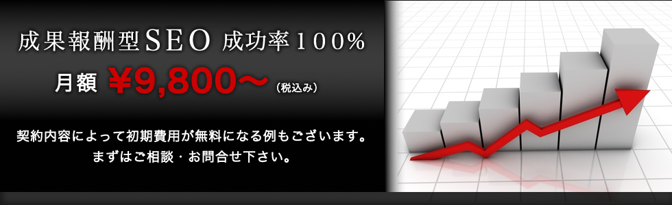 成果報酬型SEO 成功率100％ 月額¥9,800〜（税込み）契約内容によって初期費用が無料になる例もございます。まずはご相談・お問合せ下さい。